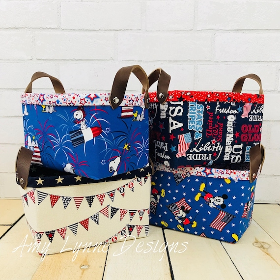 Patriotic Fabric Basket with Leather Handles, 8x5x5 Storage Bin, Fireworks Fabric Organizer, Americana Basket, Summer Decor Bin