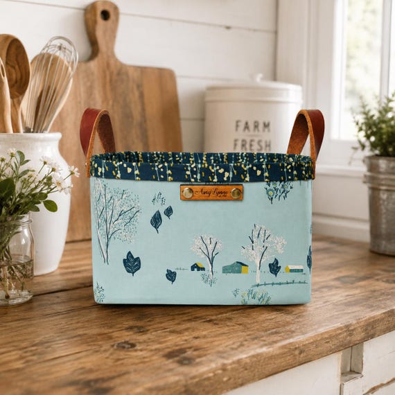 Meadow Mist Fabric Basket with Leather Handles