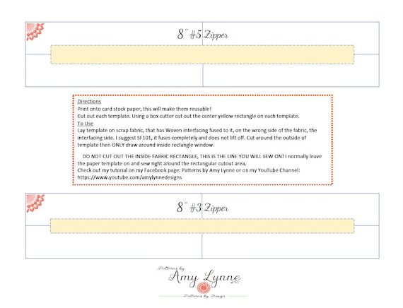 Template for 8" Zippers, #3 Zips and #5 Zips PDF, Digital File PDF, Downloadable Pattern To Sew