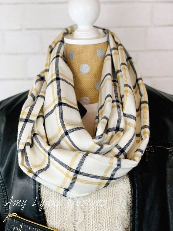 Cream and Black Plaid Infinity Scarf