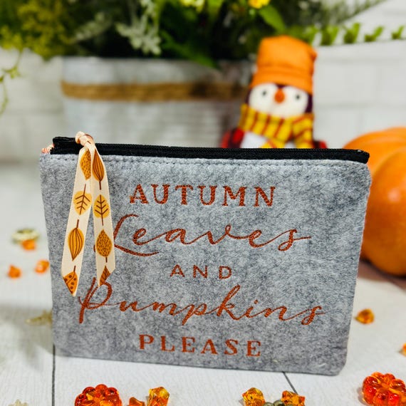 Wool Felt Autumn Leaves and Pumpkins Please Pouch