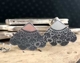 Earrings studs lace engraving silver || Doily lace pattern earrings silver || Lace engraved Jewel Silver || Lace pendant Silver ||