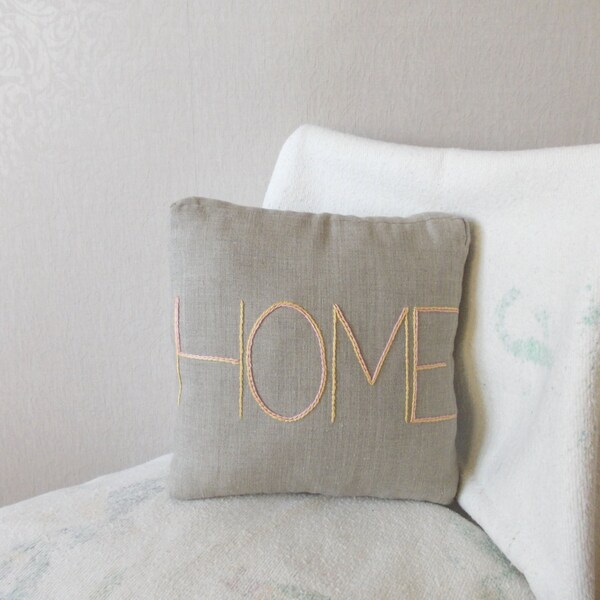 HOME pillow,100% linen pillow, natural pillow, LOVE pillow, yellow grey pillow,  ecofriendly pillow,  hand embroidery pillow, gray pillow