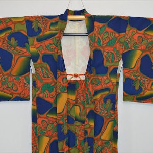 Kimono JACKET N43e - Unique Navy Blue Tropical Flower