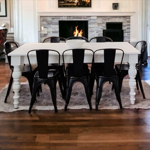 Handcrafted Solid Pine Modern Farmhouse Dining Table with 8 Black Metal Chairs