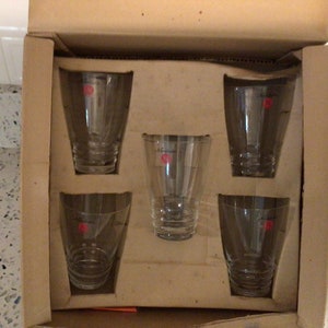 Vintage MCM Noritake Crystal Glass Set of 5 New Old Stock Made in Japan Original Box Never Used Alpine Design Sleek Rocks Juice Bar Glasses