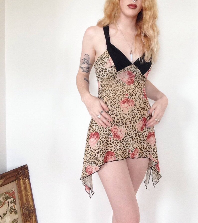 Vintage 90s Printed Sheer Leopard Rose Print Asymmetrical Lingerie Slip Sleep Halter Dress Size Small
