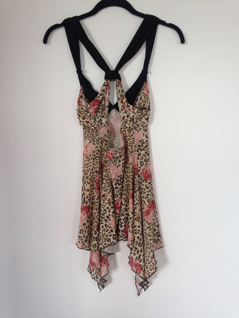 Vintage 90s Printed Sheer Leopard Rose Print Asymmetrical Lingerie Slip Sleep Halter Dress Size Small