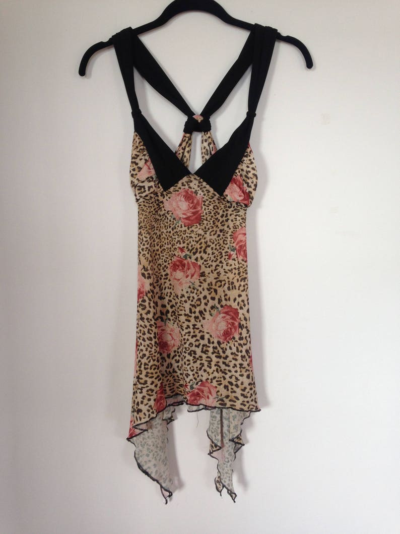 Vintage 90s Printed Sheer Leopard Rose Print Asymmetrical Lingerie Slip Sleep Halter Dress Size Small