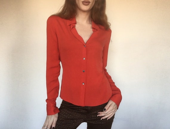 TAHARI Silk Vintage Soft Hot Red Solid Detail 90s