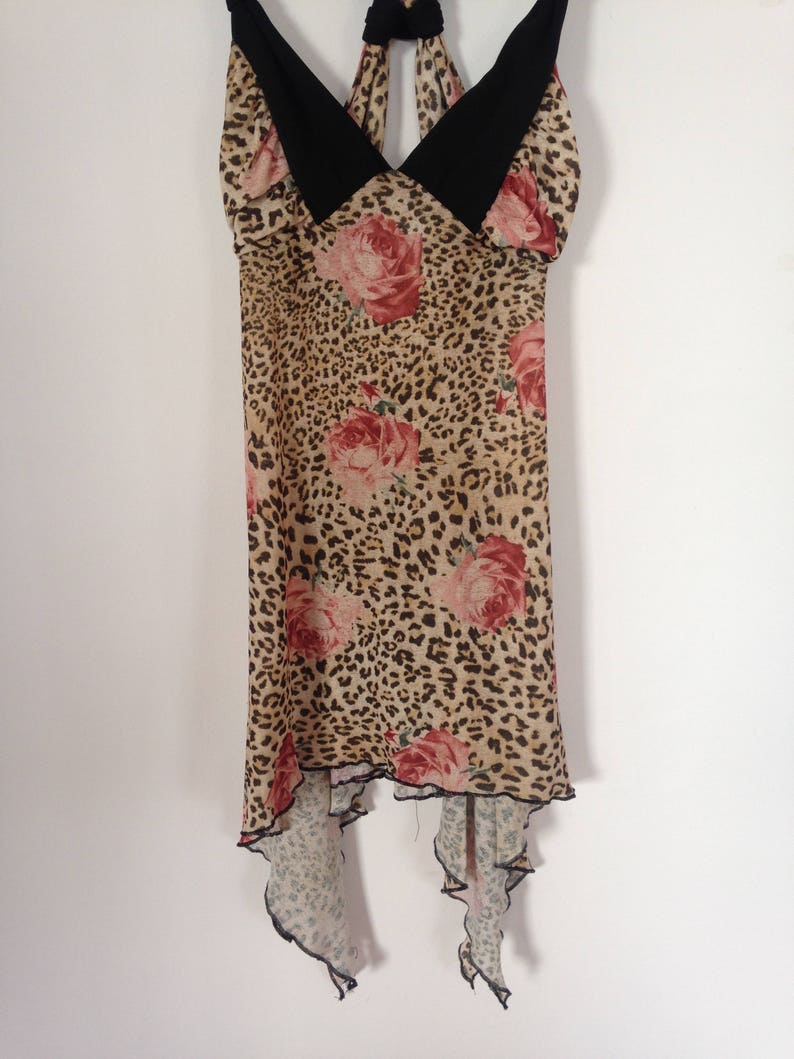 Vintage 90s Printed Sheer Leopard Rose Print Asymmetrical Lingerie Slip Sleep Halter Dress Size Small