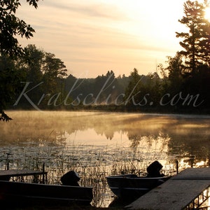 Lake Photograph Lake Home Decor Sunrise Water Dock Mantrap Morning Mist on Lake Print for Your Home or Office Wall Decor Copper Brown Hues image 1