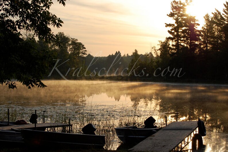 Lake Photograph Lake Home Decor Sunrise Water Dock Mantrap Morning Mist on Lake Print for Your Home or Office Wall Decor Copper Brown Hues image 1