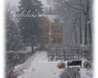 Snowy Mansion Seasonal Photograph, winter fresh falling snow, Snowy Pine, fresh white snow, holiday Christmas home or office wall decor