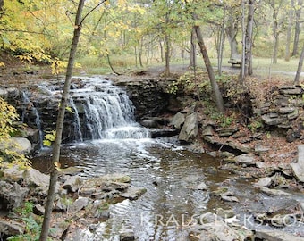 Waterfall Autumn Photograph Fall Color Brown Yellow Gold Green Hues Landscape Photograph Home Office Wall Decor Nature Autumn Photography