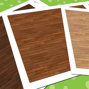 Puede incluir: Tres imágenes que muestran muestras de suelos de madera en diferentes tonos de marrón. Las muestras muestran diferentes patrones de vetas de madera, que van de oscuros a claros. Cada muestra rectangular está enmarcada en blanco, sobre un fondo verde con lunares blancos.