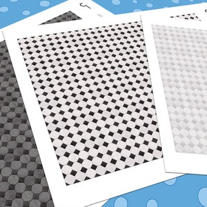 May include: Three printable sheets of paper with different tile patterns. The first sheet has a black and white diamond pattern, the second sheet has a gray and white diamond pattern, and the third sheet has a gray and white octagon pattern.