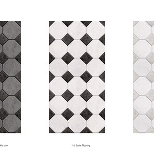 Dollhouse Flooring, 1:6 Scale, 3 Repeating Octagonal Check Tile Miniature Floor Patterns in 3 Colors, Printable PDF