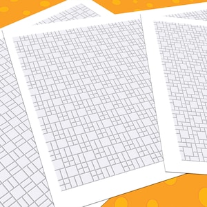 May include: Four white sheets of paper with a geometric pattern of gray lines and rectangles. The sheets are arranged at different angles, overlapping slightly. The background is orange with yellow circles.