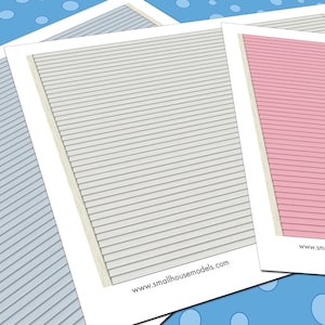 May include: Three printable sheets of paper with different colored horizontal stripes. The sheets are light blue, light gray, and pink. The text "www.smallhousemodels.com" is at the bottom of each sheet.