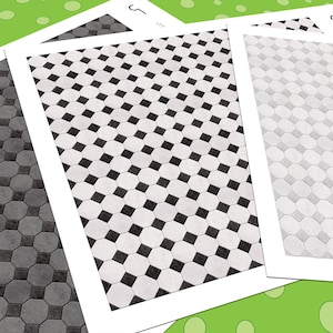 May include: Three printable sheets of black and white tile patterns. The first sheet features a black and white octagon pattern. The second sheet features a black and white diamond pattern. The third sheet features a gray and white octagon pattern.