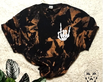 Rock On Skeleton Hand Bleached T-Shirt, Emo Graphic Tee