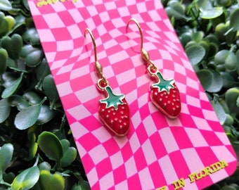 Strawberry Earrings, Strawberry, Fruit Earrings, Enamel Earrings, Summer Earrings, Summertime, Spring Earrings, Gift, Trendy, Trending, Love