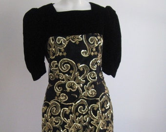 Jessica Mcclintock Dresses 1990s Vintage Jessica Mcclintock Black Velvet  Dress: Gold Soutache, Size Small
