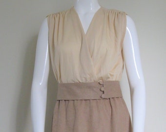 1970s DRESS vintage tan surplice top and Ultrasuede skirt with wide belt size medium