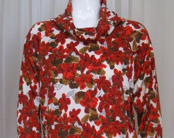 VERA NEUMANN 1980s vintage silky autumn floral tunic top with cowl neck size 10 made in USA