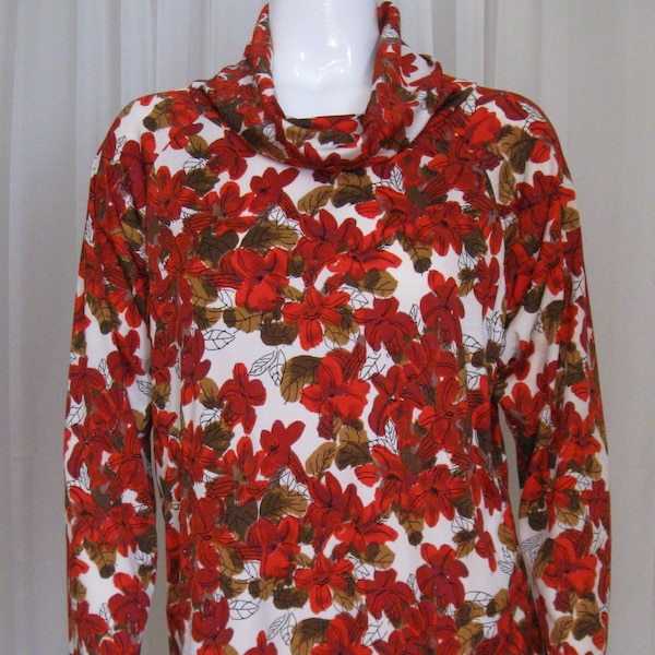 VERA NEUMANN 1980s vintage silky autumn floral tunic top with cowl neck size 10 made in USA