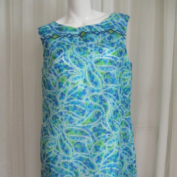 SHIFT DRESS 1960s vintage GaBar blue and green paisley print made in USA size medium