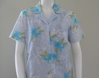 HAWAIIAN SHIRT 1990s vintage Paradise Bay blue tropical print top made in USA size small