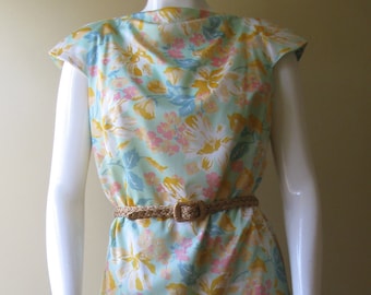 PASTEL FLORAL DRESS 1970s vintage Orsini two-piece set with woven gold belt size small