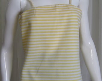 YELLOW STRIPED TOP 1970s vintage slub-knit camisole with spaghetti straps size small