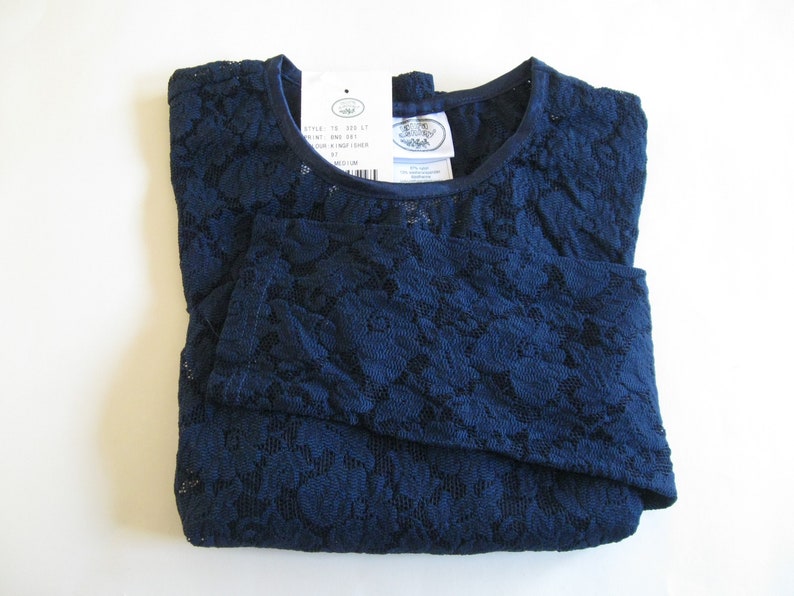 STRETCH LACE TOP 1990s vintage Laura Ashley navy blue shirt size medium dead stock image 6