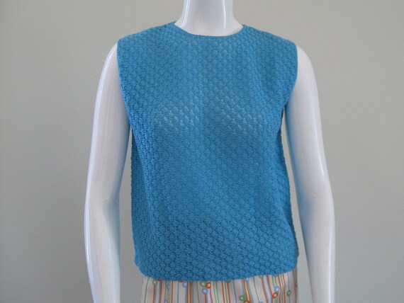 Vintage 1960s Knit Shell Top: Turquoise Blue Pop Top, Medium
