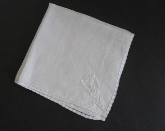 MONOGRAMMED HANKY 1920s-30s vintage Art Deco white linen handkerchief embroidered S