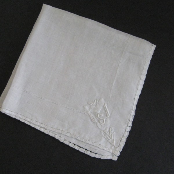 MONOGRAMMED HANKY 1920s-30s vintage Art Deco white linen handkerchief embroidered S