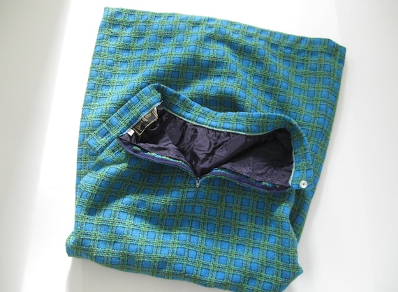 Jupe Maxi Vintage Sag Harbor - Taille 8, Laine, Turquoise/gris à Carreaux Et Franges - Occasion Excellent état