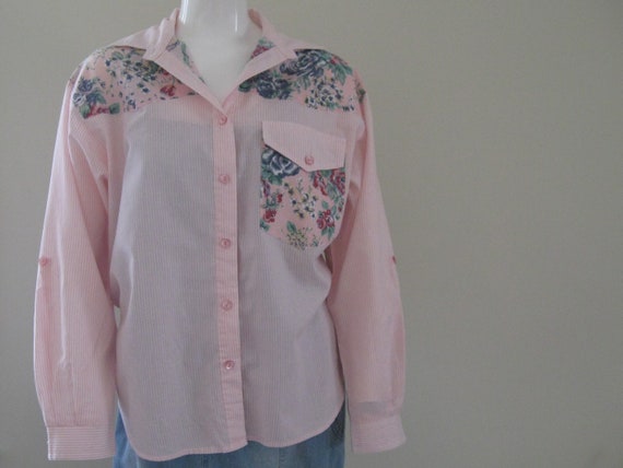 PATCHWORK SHIRT 1980s-90s vintage button-down with adjustable sleeves made in USA size medium