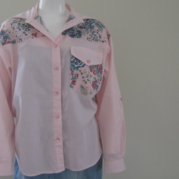 PATCHWORK SHIRT 1980s-90s vintage mixed-pattern top with adjustable sleeves made in USA size medium