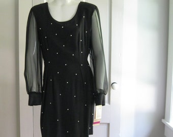 1980s DRESS NOS vintage Breakin' Loose black mini with faux pearl accents and sheer sleeves size medium