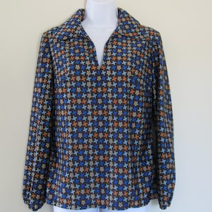 1970s Retro Print Disco Shirt: Vintage Qiana Pullover Top, Made in USA, Medium
