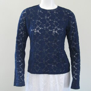 STRETCH LACE TOP 1990s vintage Laura Ashley navy blue shirt size medium dead stock image 2