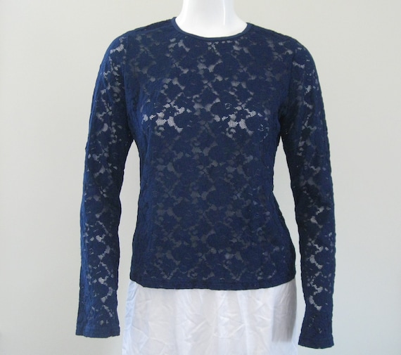 STRETCH LACE TOP 1990s vintage Laura Ashley navy … - image 2