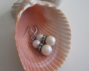 UPCYCLED DROP EARRINGS made from vintage faux pearl and rhinestone beads