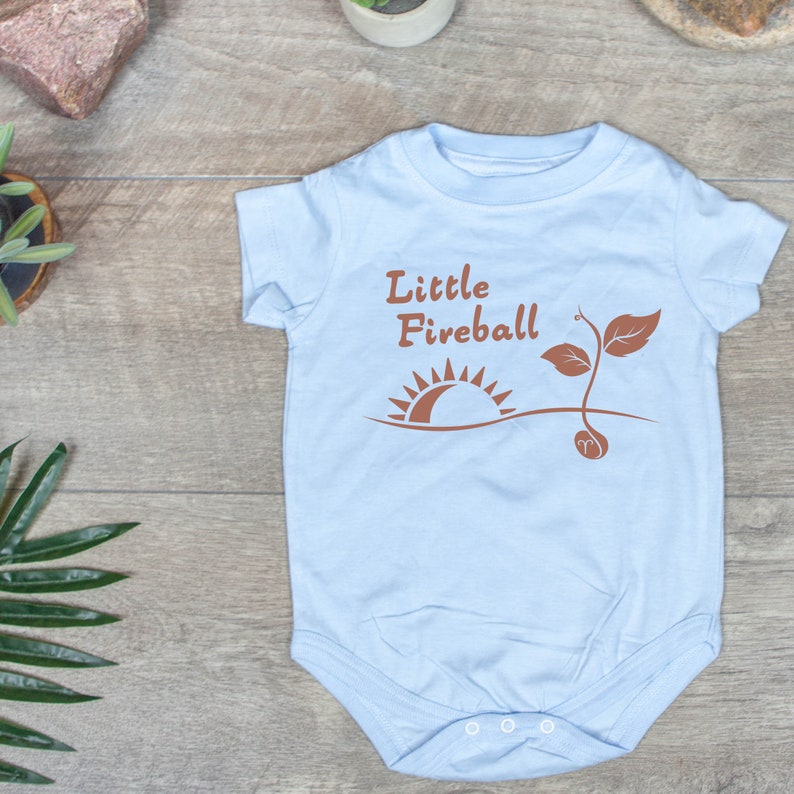 K&ouml;nnte beinhalten: Ein hellblauer Baby-Strampler mit dem Text "Little Fireball" in braunen Buchstaben. Der Strampler zeigt eine braune Sonne und einen braunen Spross mit einem Samen.