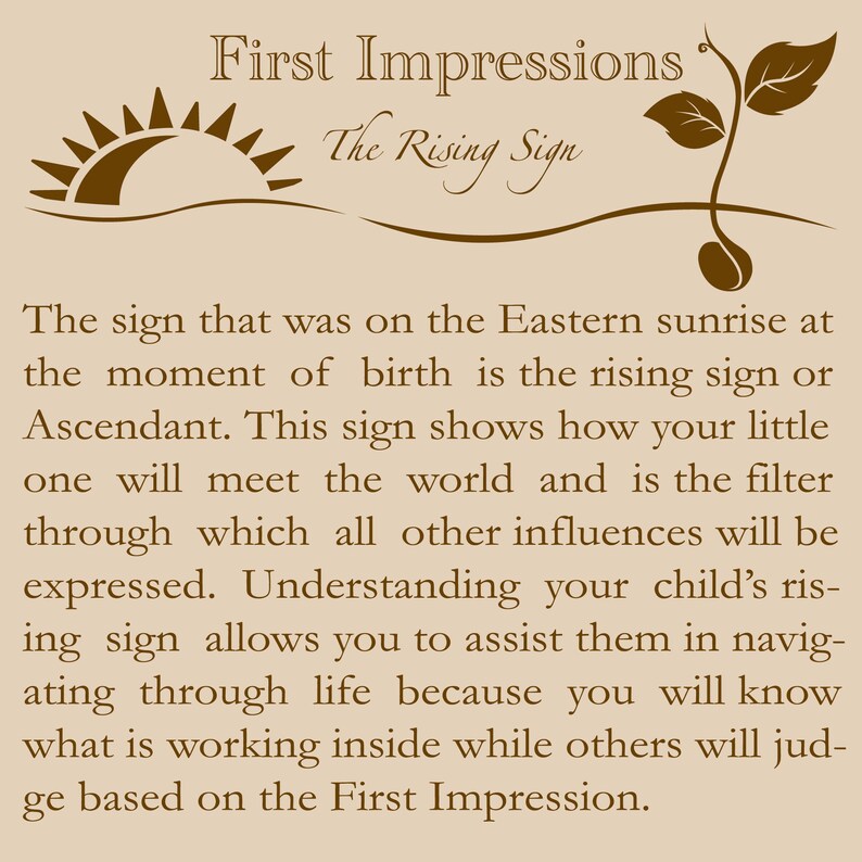 K&ouml;nnte beinhalten: Ein brauner Hintergrund mit einer braunen Sonne und einer braunen Pflanze mit einem Samen. Der Text "First Impressions" und "The Rising Sign" ist in Braun geschrieben. Der Text erkl&auml;rt, dass das Aszendentenzeichen das Zeichen ist, das bei Sonnenaufgang im Osten zum Zeitpunkt der Geburt stand. Er erkl&auml;rt auch, dass das Aszendentenzeichen zeigt, wie eine Person die Welt kennenlernt und der Filter ist, durch den alle anderen Einfl&uuml;sse gefiltert werden.
