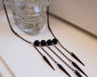 Long Black Spikes and Lava Beads Chain Necklace